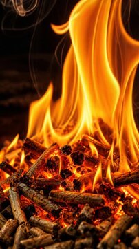 Close up of bright orange fire flames burning wooden pellets with glowing embers and smoke in dark background
