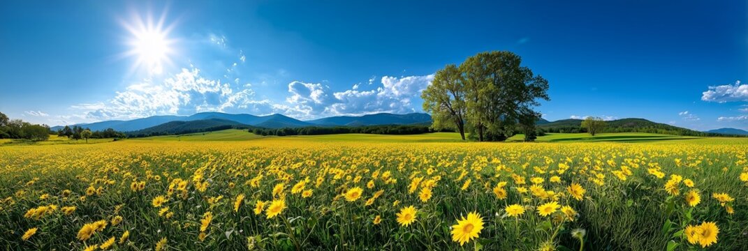 Panoramic Yellow Wildflower Meadow Under Bright Sun and Blue Sky
