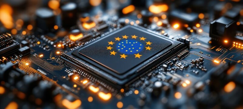Close-up futuristic microchip on a glowing circuit board bearing european union stars emblem, conveying high-tech power, security and digital sovereignty