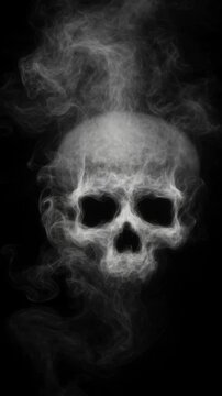 Mysterious white smoke forming a ghostly skull shape on black background spooky design