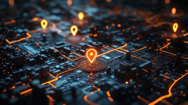 glowing orange location pins over a dark futuristic circuit city with neon pathways, conveying connectivity, navigation, and high-tech precision