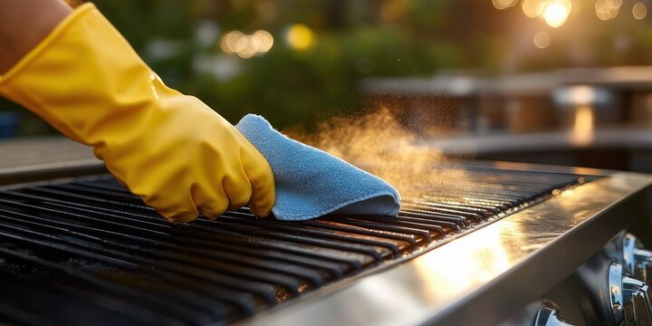 Yellow-gloved hand wiping hot grill grate with a blue cloth as steam rises in warm golden light, careful cleaning and outdoor barbecue prep