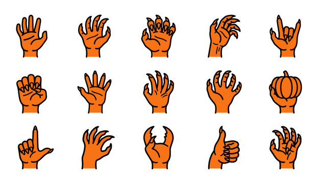 A spooky collection of halloween hand vectors claws gestures and pumpkin holding illustrations