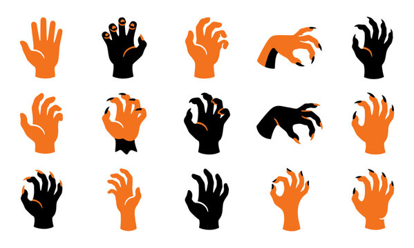 A diverse collection of halloween hand vectors featuring clawed and open palm designs for spooky celebrations