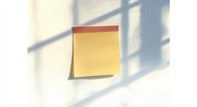 yellow sticky note with red top strip on white textured wall bathed in soft window shadows, minimal calm mood