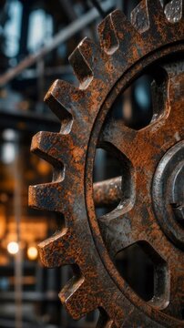 Close up of rusty industrial gear in factory workshop with blurred background and warm lighting