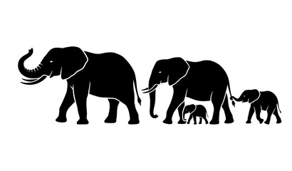 African Elephant Family Silhouette Icon Set with Walking Calf and Herd Graphic Elements for Wildlife Protection Designs © Sakib