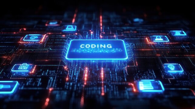glowing blue coding chip on neon circuit board with digital security, user and file icons conveying futuristic high-tech energy