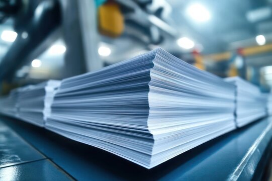 Large stack of crisp white paper sheets on a conveyor in a busy printing factory, evoking precision and industrial efficiency