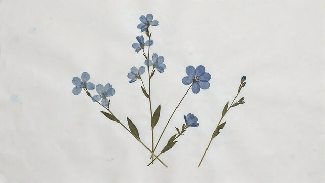Pressed blue flowers on a vintage herbarium paper background, isolated on a, transparent background
