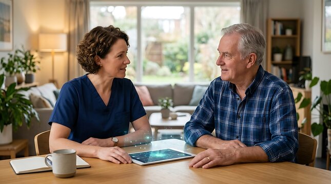 Friendly female caregiver talking with an elderly man sitting at a wooden table in a bright living room using a digital tablet for home health care support and guidance