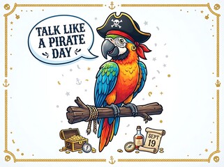 Naklejka premium Talk like a pirate day design with a colorful parrot wearing a pirate hat, perched on a branch with treasure and a rum bottle isolated on white background