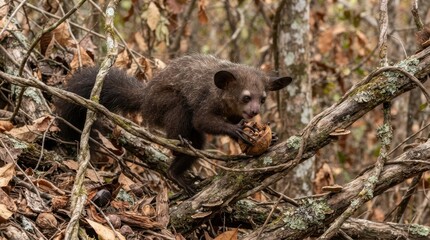 Naklejka premium Aye-aye primate with large ears foraging on a tree branch in Madagascar