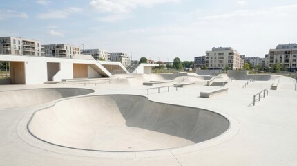Fototapeta premium Modern concrete skatepark with urban residential buildings in the background