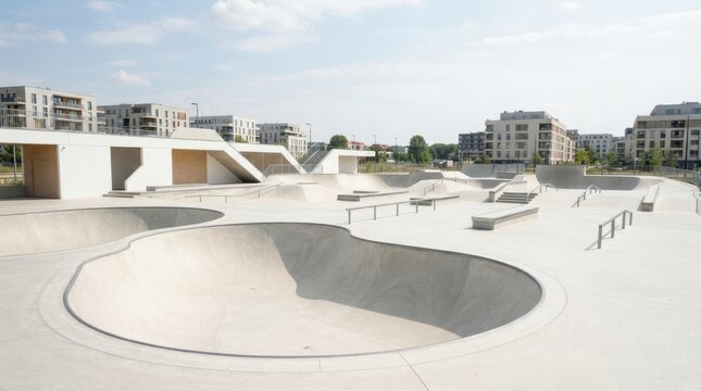 Modern concrete skatepark with urban residential buildings in the background