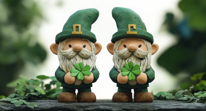 Two smiling garden gnome figurines in green buckled hats holding four-leaf clovers on a mossy stone, whimsical and lucky atmosphere