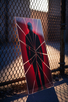 Silhouette of a man reflected in a broken red mirror leaning against a chain-link fence