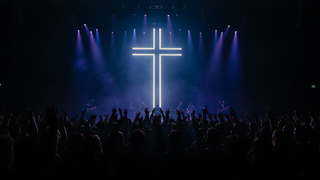 Silhouetted crowd raising hands in worship at Christian concert