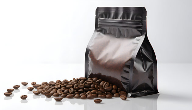 Fresh roasted coffee beans spilling from open kraft paper bag onto white surface