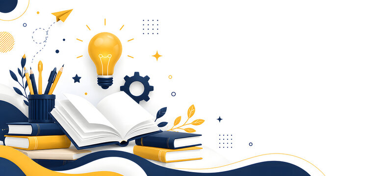 Bright educational concept featuring a stack of colorful books supporting a globe, surrounded by flying letters, paper airplanes, leaves and flowing colorful waves, symbolizing education, learning, li