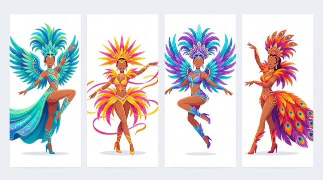 Vibrant Carnival Dancers in Colorful Feather Costumes - Set of Four Ve