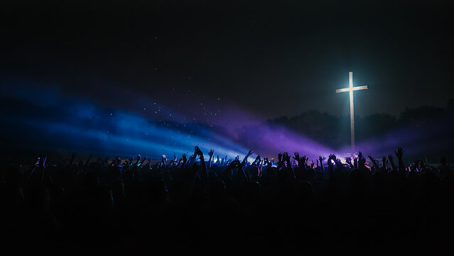Christian music event with crowd raising hands before glowing cross