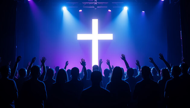 Silhouetted believers worshiping with large illuminated cross on stage