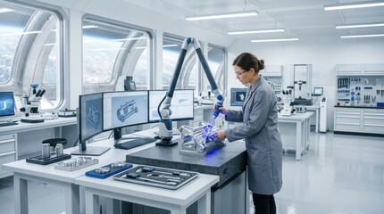 Fototapeta premium Engineer uses 3D scanner to inspect complex metal part in futuristic laboratory setting