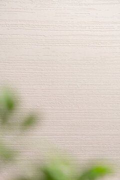 Decorative Plaster Wall Texture with Horizontal Stripes and Blurred Green Plant - Background Template
