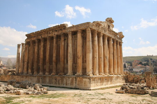 Ancient Temple of Bacchus at the Roman archaeological site of Baalbek in Lebanon, one of the best-preserved monumental Roman temples in the world.