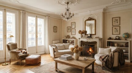 Fototapeta premium Cozy Parisian living room with a sleeping dog by the window