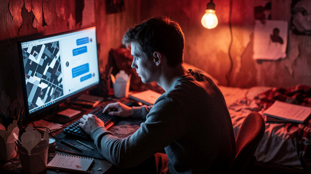 Young man working late at night in a messy room with red lighting, using computer