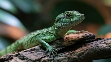 Fototapeta premium Lizard resting comfortably on a rustic wooden branch inside a natural habitat enclosure.
