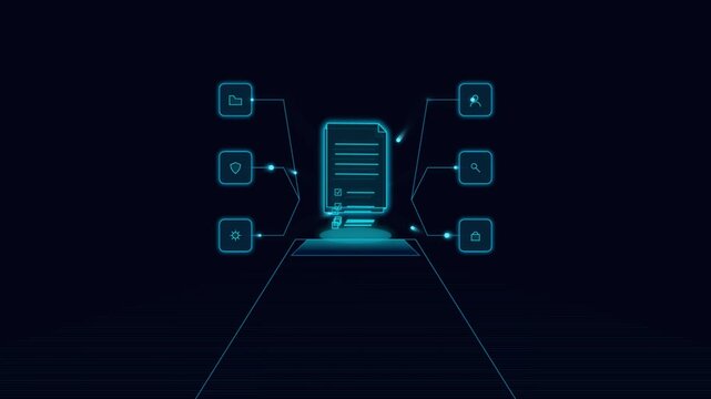 Digital document interface glowing with neon blue icons in a futuristic animation motion video for modern business data management system