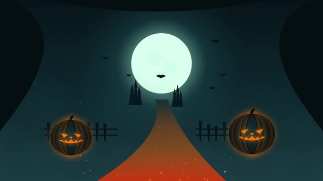 Glowing jack o lanterns lining a path towards a full moon in this dark spooky halloween animation motion video loop