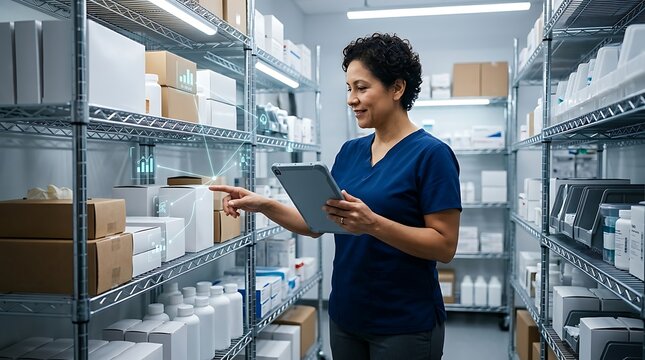 Smiling female worker using a digital tablet to check inventory stock on metal shelves in a bright warehouse environment while managing supply chain and logistics tasks
