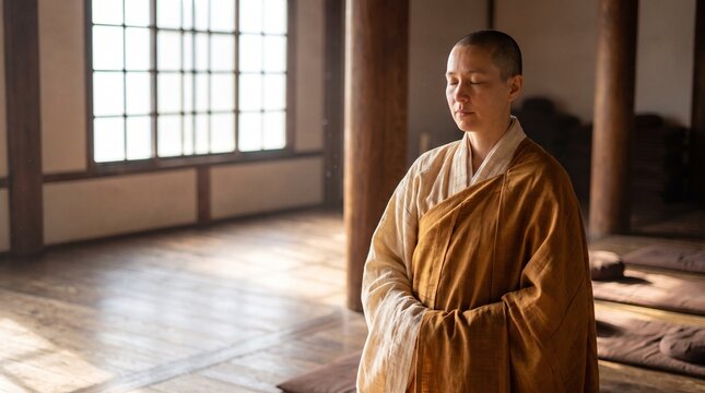 Female monk standing in serene meditation hall, peaceful contemplation and mindfulness