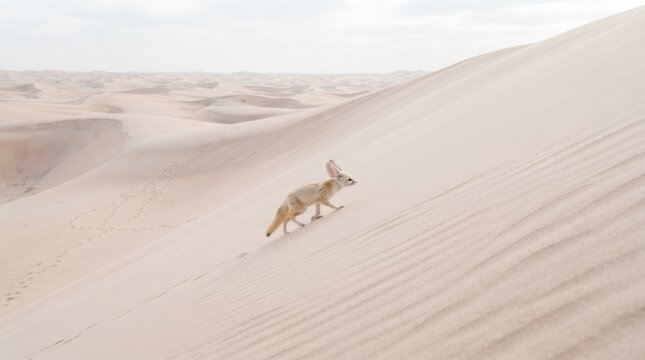 Fennec fox with large ears climbs sand dunes in the desert