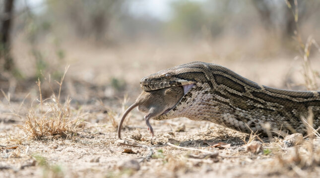 African rock python consuming a small rodent in its natural dry habitat