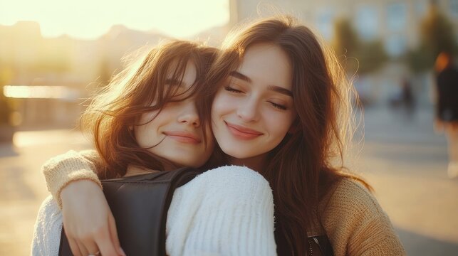 Two young women embracing outdoors in warm golden-hour light, eyes closed and smiling, tender joyful friendship