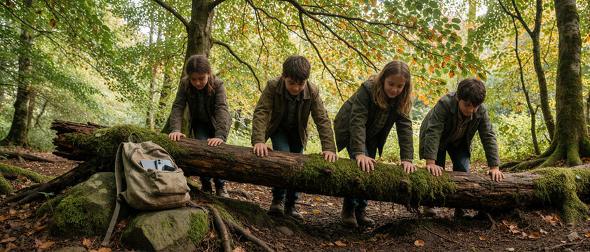 Children exploring forest with fallen log and backpack