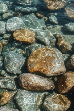sunlit rounded stones beneath clear rippling water, tranquil shallow riverbed with dancing light patterns