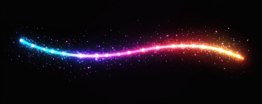Curved multicolored glowing light trail with sparkling particles on a black background, energetic and magical