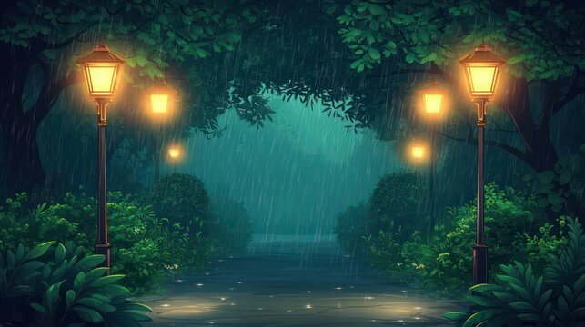 tranquil rain-soaked tree-lined path lit by warm lampposts with glowing reflections on wet pavement and lush green foliage, gentle evening rainfall and soft, cozy glow