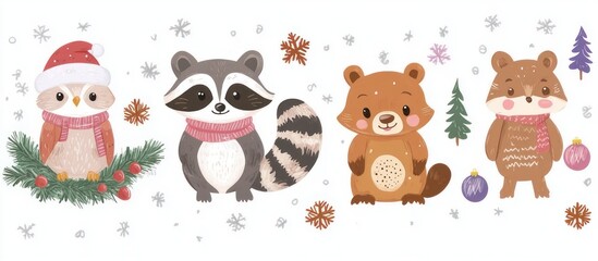 Fototapeta premium cheerful winter forest animals: owl in a santa hat on a pine branch, raccoon in a pink scarf, smiling bear cub and chipmunk with ornaments and small trees amid falling snowflakes