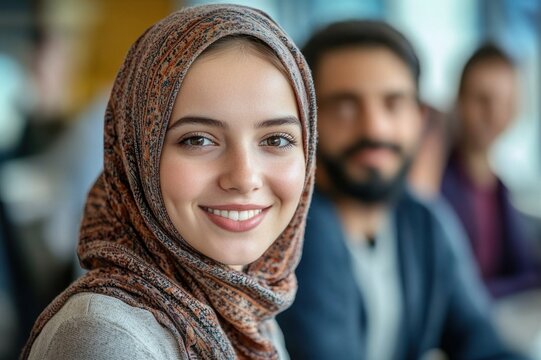 Smiling young woman in patterned headscarf close-up with two blurred people in the background, warm friendly confident expression in an indoor group setting