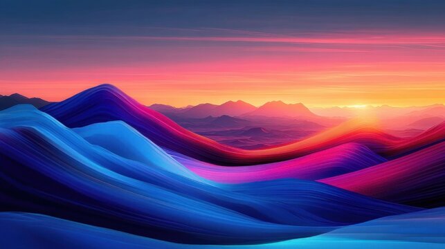 glowing sunrise over ribbon-like layered mountains in vivid blue, purple and pink hues, serene dreamy atmosphere