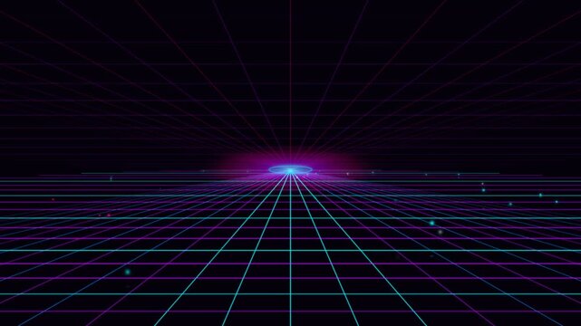 Retro futuristic synthwave grid landscape with a glowing neon purple and cyan horizon, perfect for digital cyberspace graphic design and minimal interface backgrounds