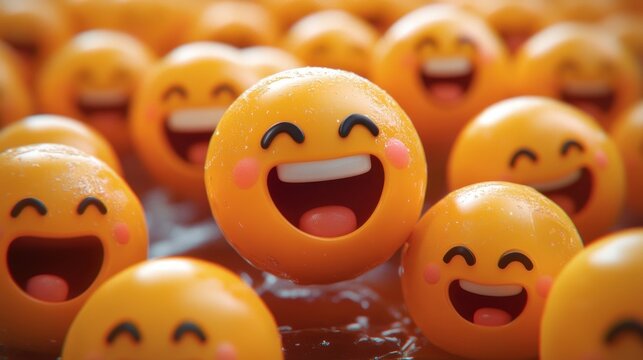 Close-up of glossy orange smiling emoji spheres with blushing cheeks and wide open laughing mouths, water droplets and a joyful playful atmosphere
