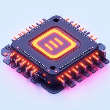 glowing neon microchip with illuminated pins and circuit traces radiating futuristic energy and high-tech power